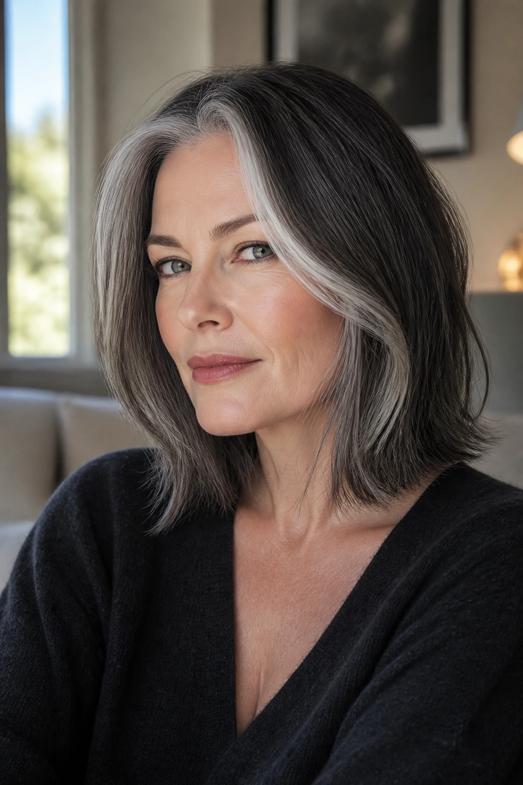 Portrait of a person with ash brunette lob and pearl front pieces