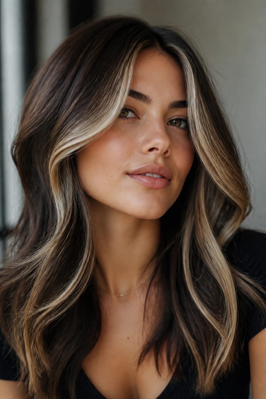 Ash-butter blonde face-framing highlights on brunette hair