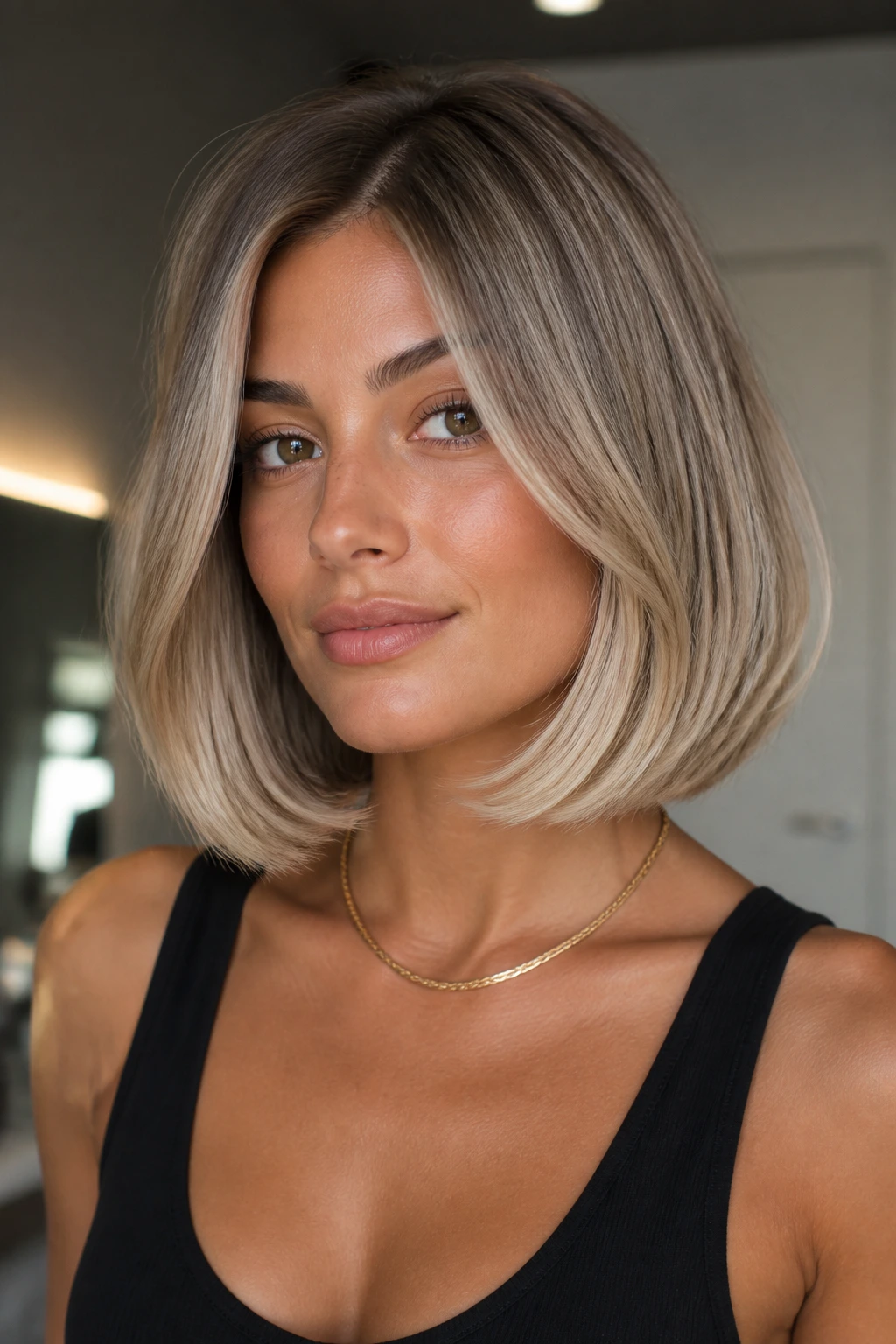 Head-and-shoulders shot of ash and butter-toned lob with tucked ends on a real person