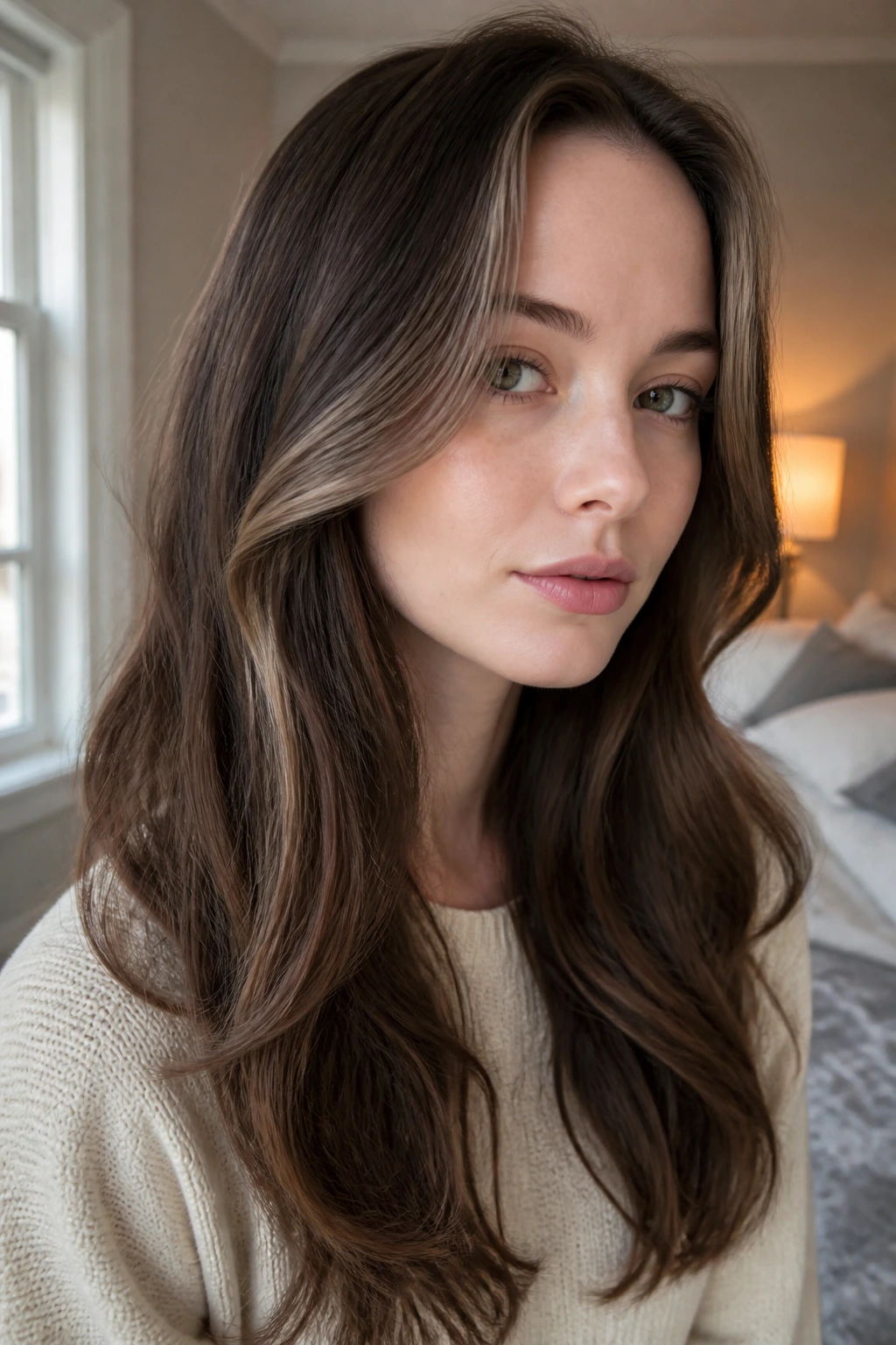 Close-up of ash chestnut face-framing lowlights on pale skin