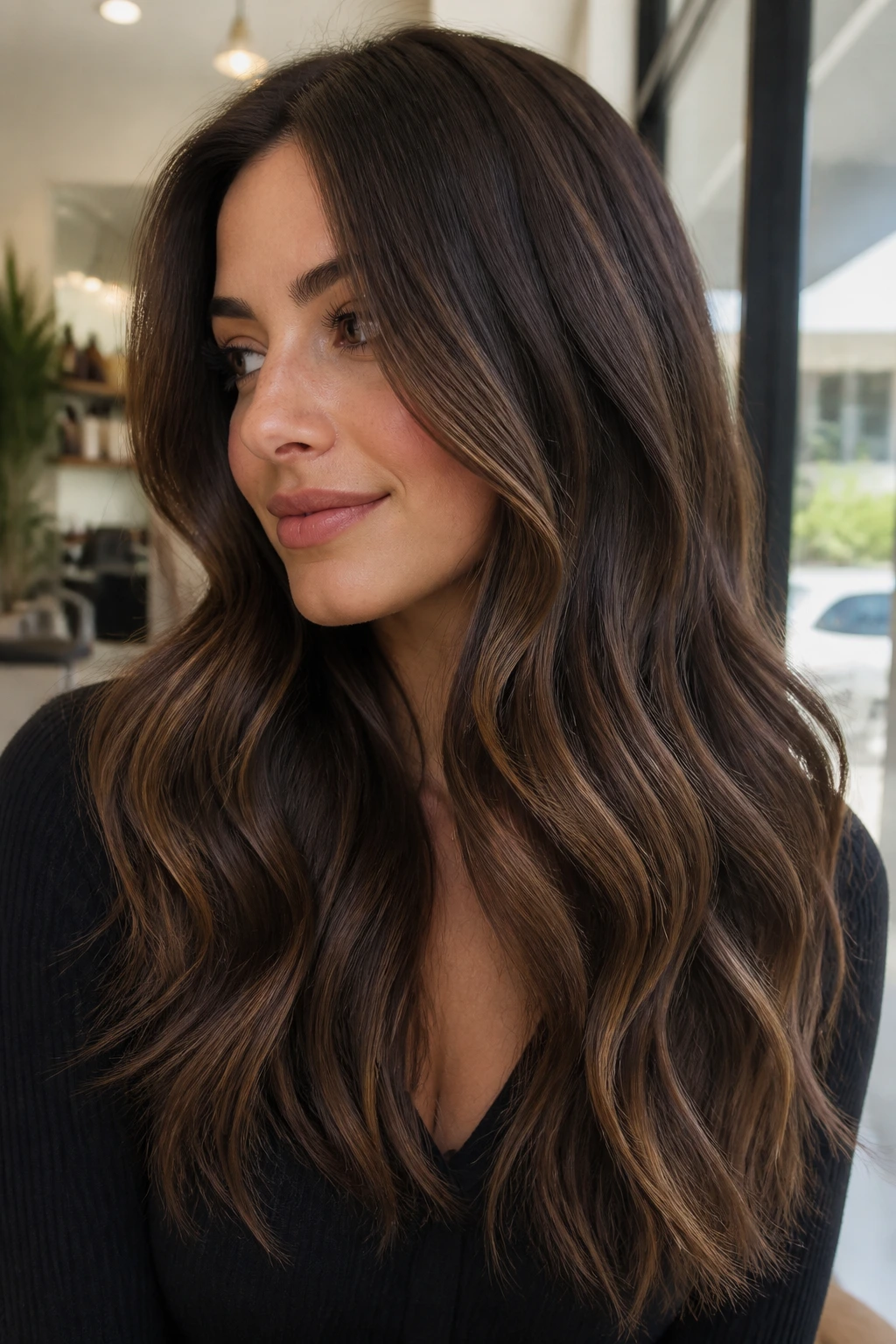 Brunette with ash chestnut ribbons in hair, close-up