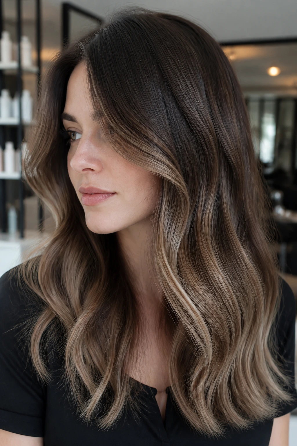 Real woman with ash chocolate base and beige caramel contrast.