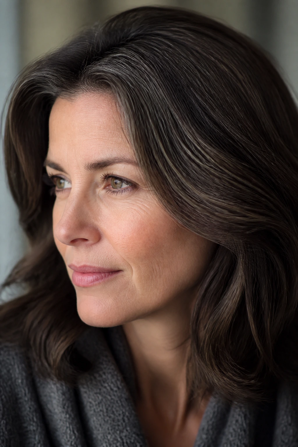 Brunette with ash chocolate lowlights blending grays