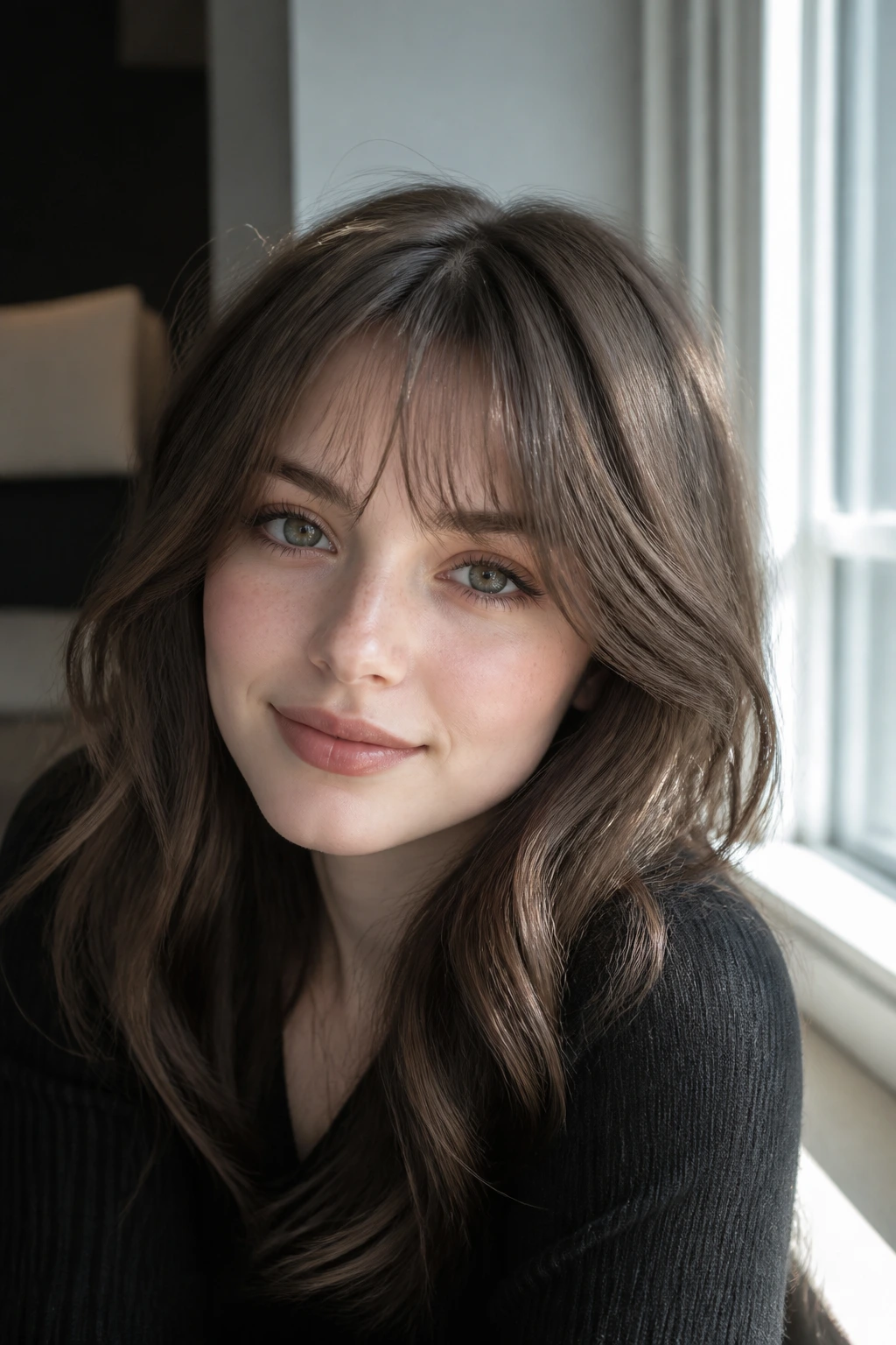 Close-up of a real woman with ash cocoa hair and wispy fringe in natural light