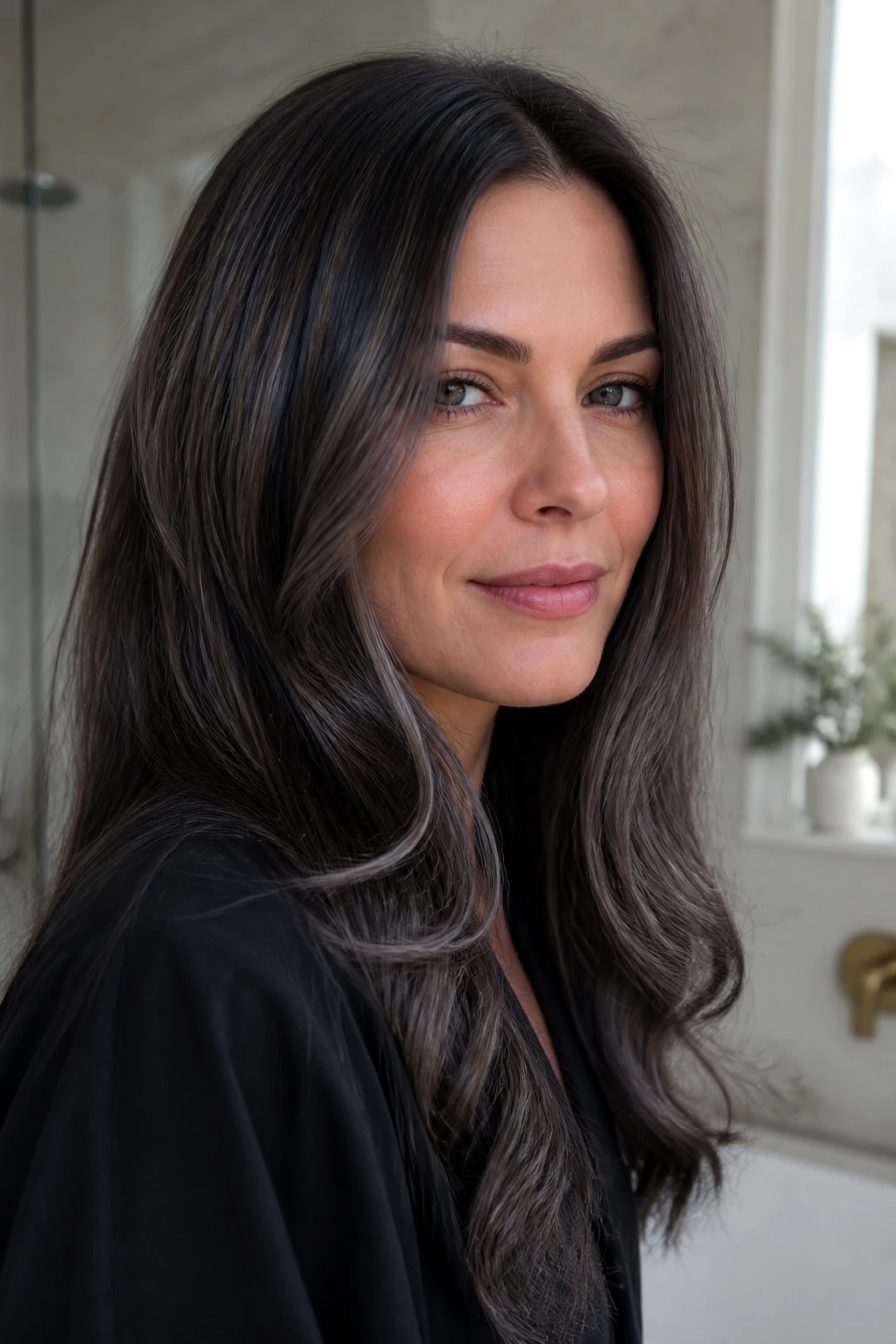 Close-up of a real woman with ash cool brunette hair and subtle grey accents.