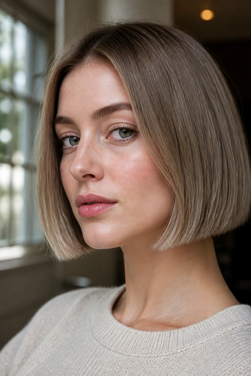 Portrait of a woman with an ash-dark blonde blunt bob at the jaw