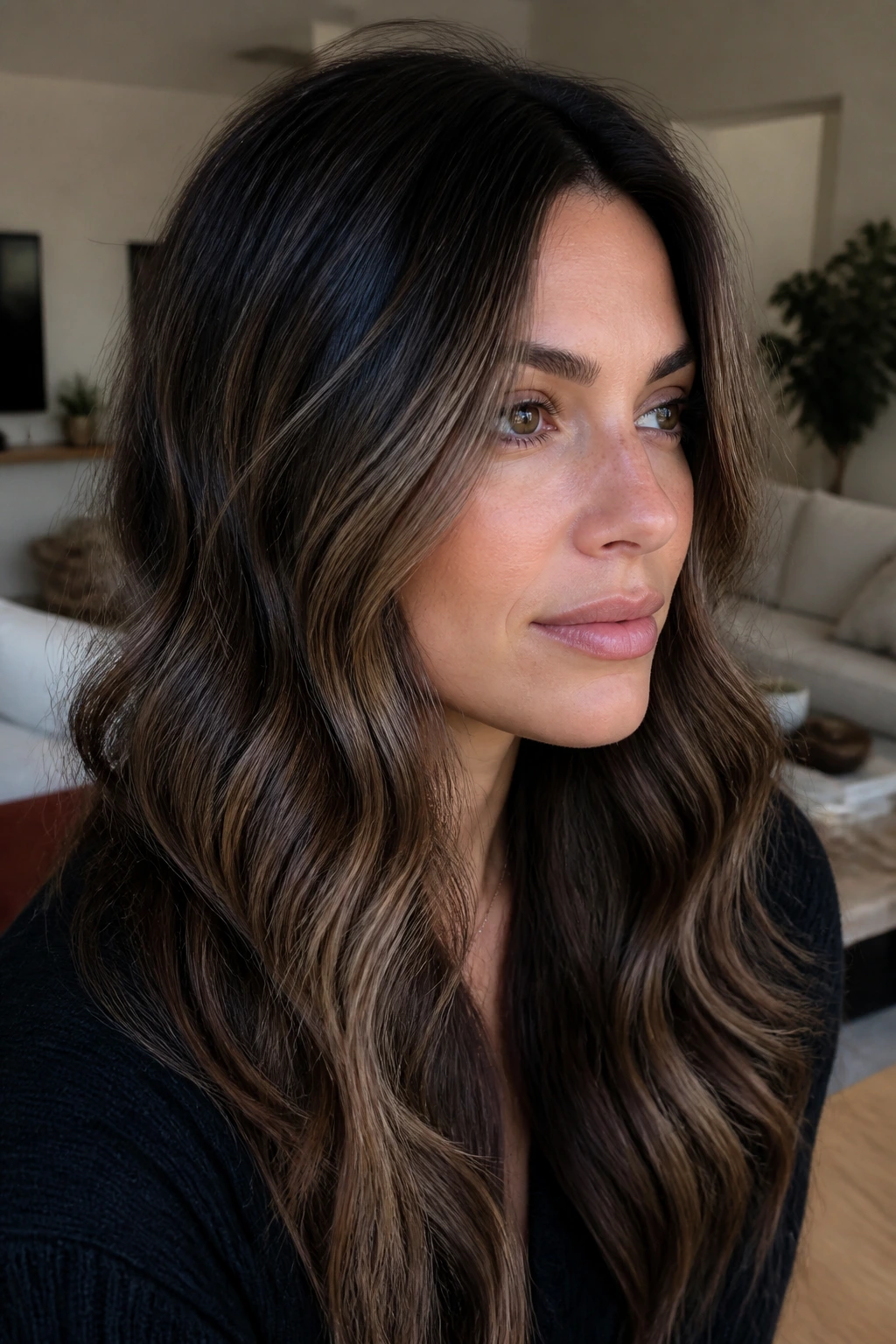 Ash-drenched caramel highlights on brunette hair with cool-toned glaze