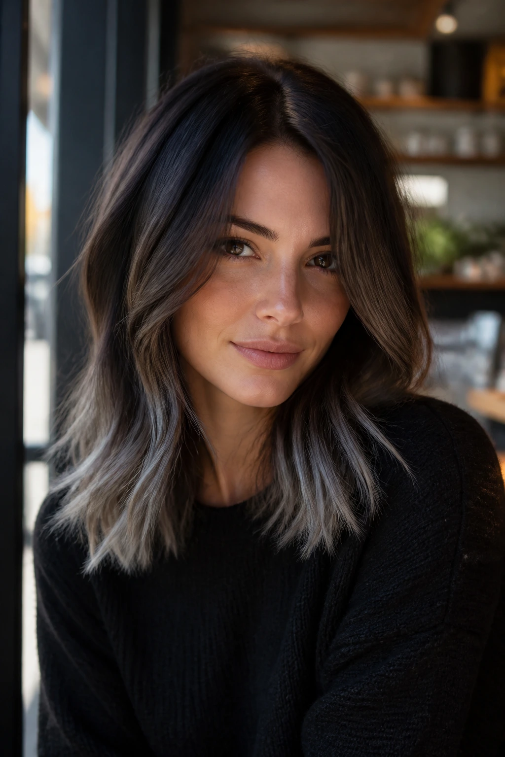 Brunette with ash espresso base and ice-toned tips in cafe light