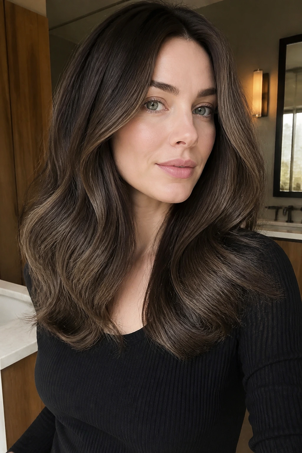 Close-up portrait of a real woman with ash espresso melt hair on pale skin.