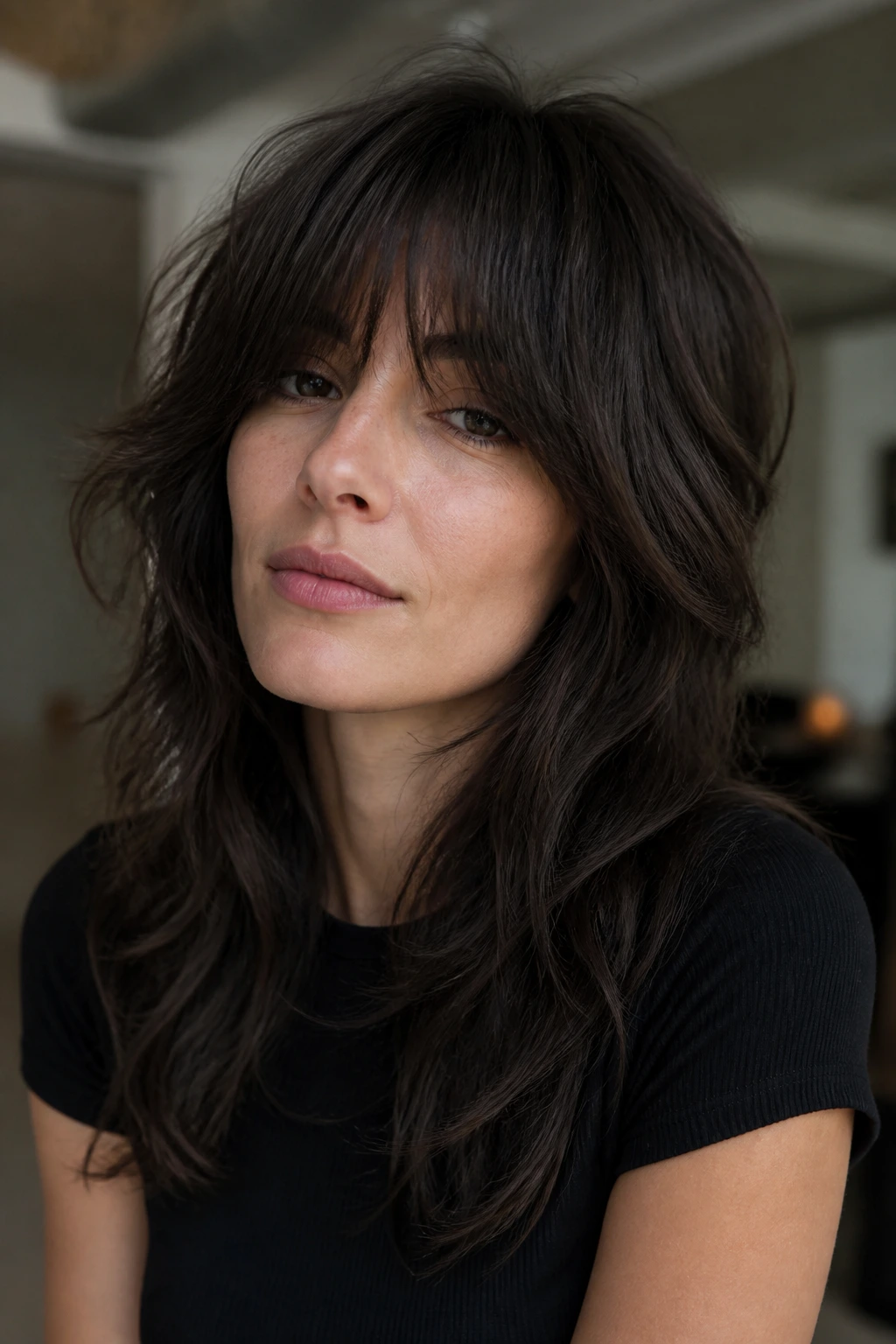 Portrait of a person with ash espresso shag hair.