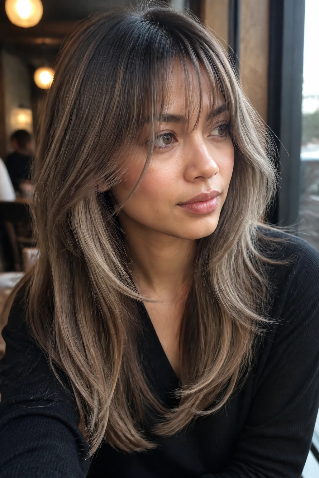 Portrait of a real woman with ash fringe and long layers.