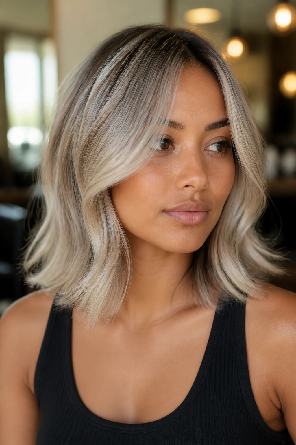 Close-up of shoulder-length icy ash-blonde hair with ash glaze on a real woman
