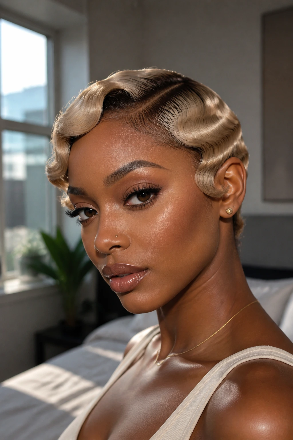 Close-up portrait of a real woman with ash-gold finger waves.
