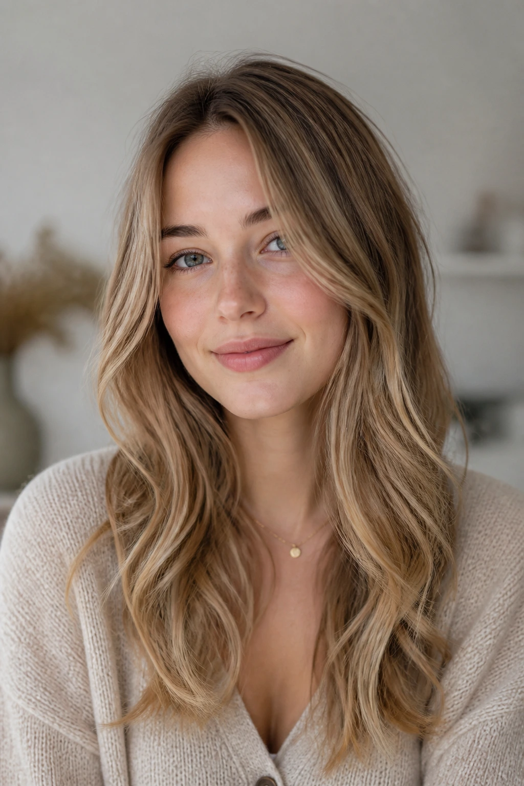 Portrait of a fair-skinned woman with warm ash-gold highlights framing face