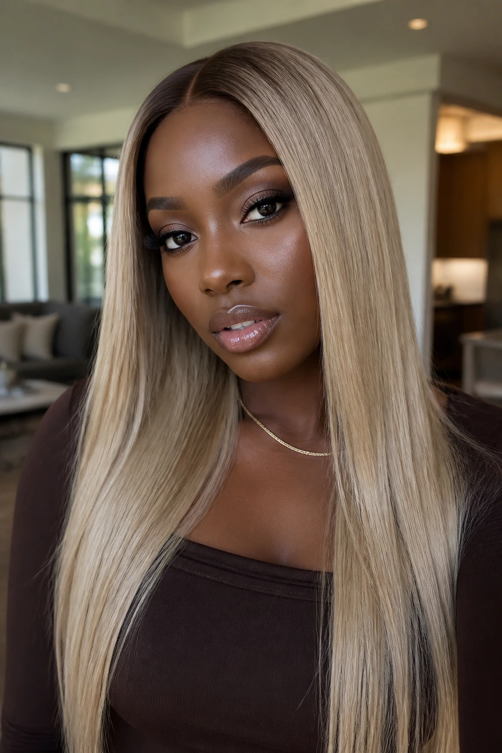 Close-up portrait of a real woman with ash-gold straight extensions, deep skin tone, sleek length