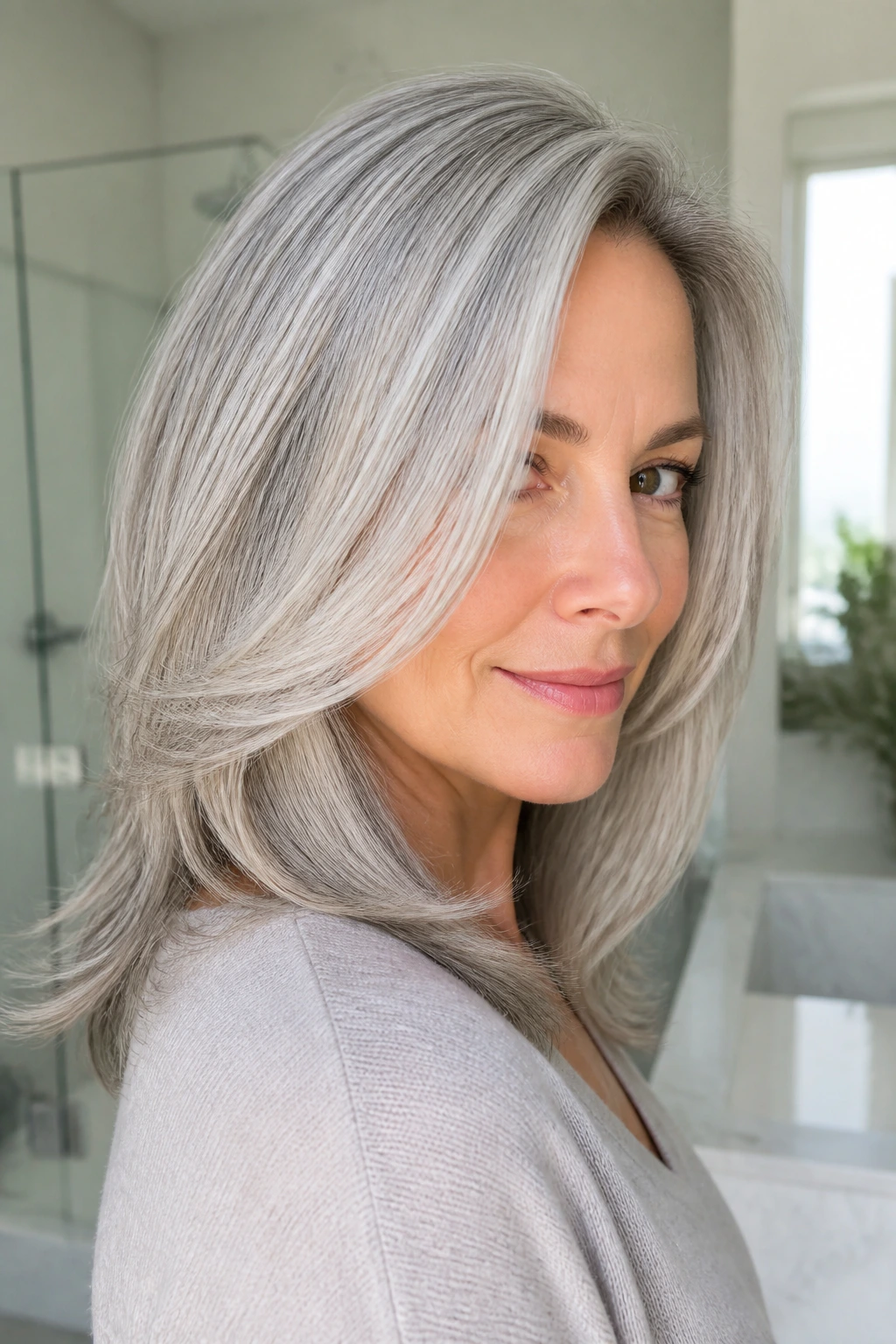 Portrait of a person with glossy ash-gray hair showing shine and texture in a bright bathroom.