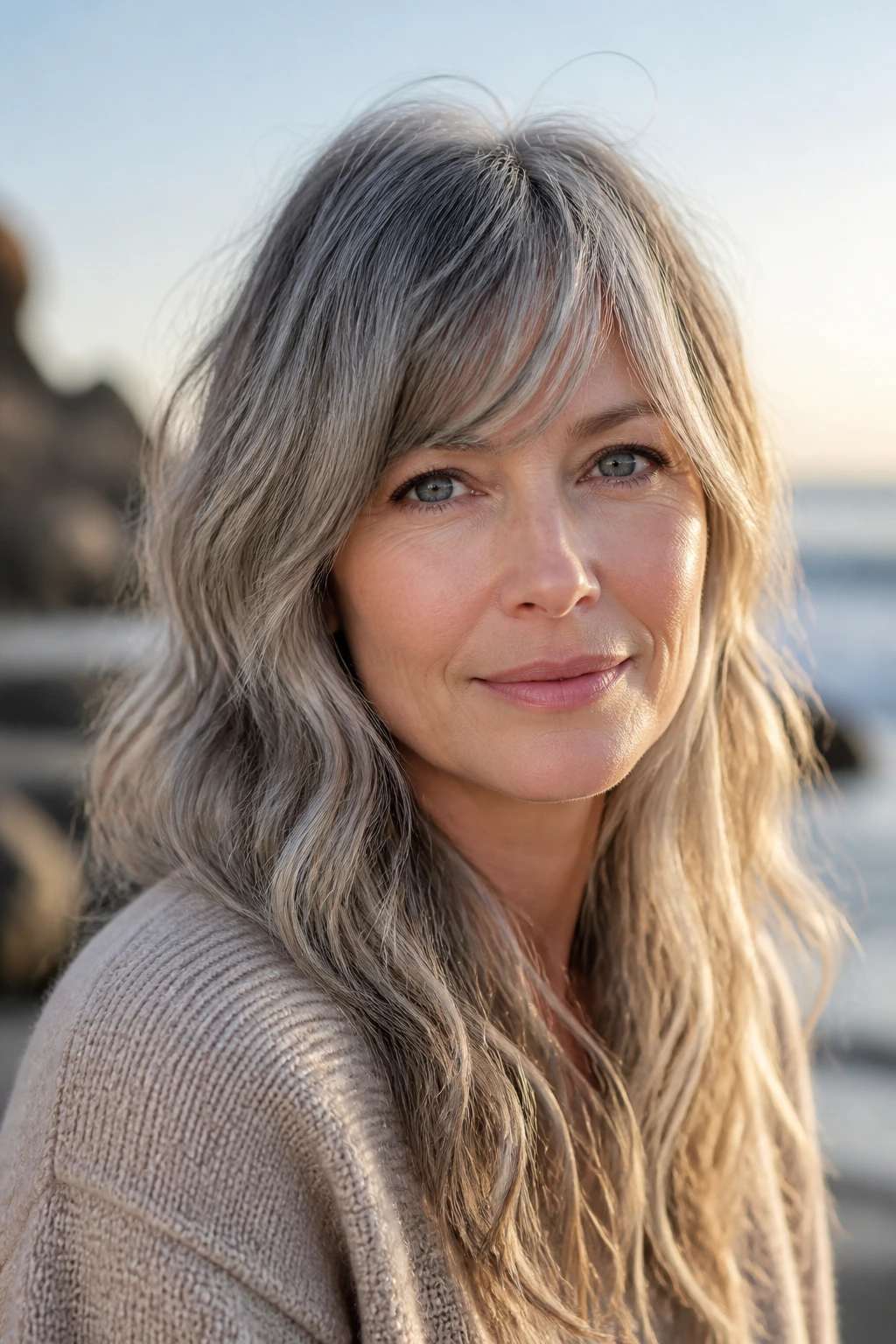 Close-up portrait of a real woman with ash grey beach waves and a long fringe