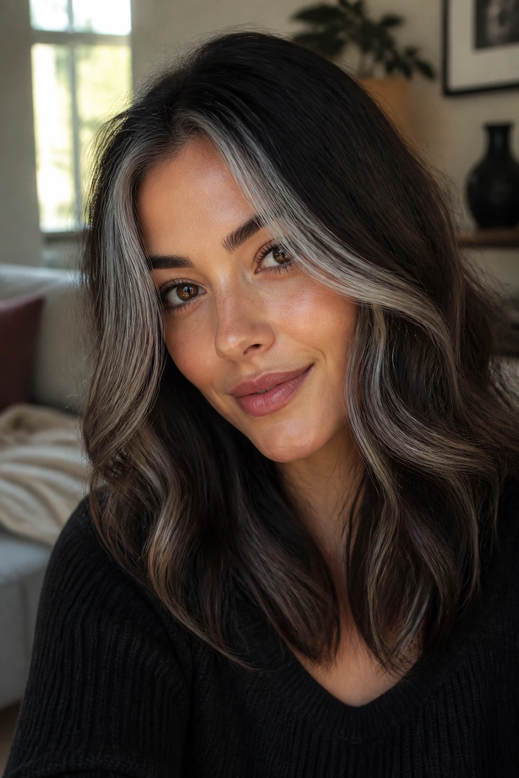 Portrait of a person with ash-grey face-framing pieces and soft waves.