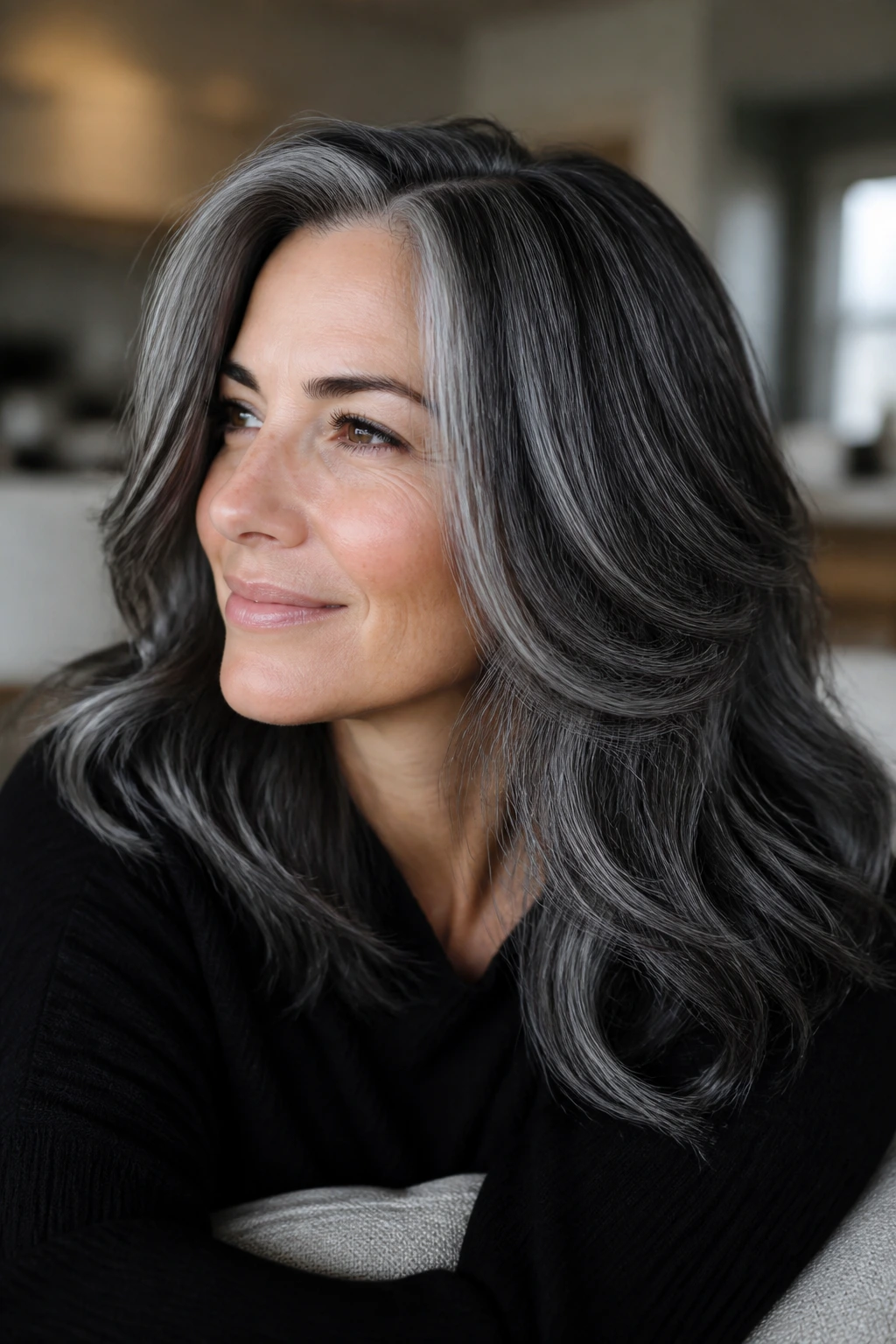 Close-up of a person with ash-grey hair and blue-black roots with high shine