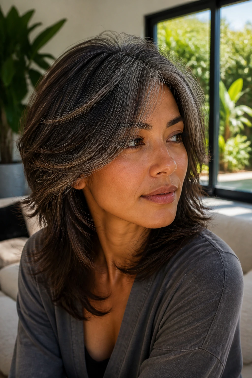 Portrait of a real person with ash-grey feathered shag and swept layers on tan skin, in bright daylight.