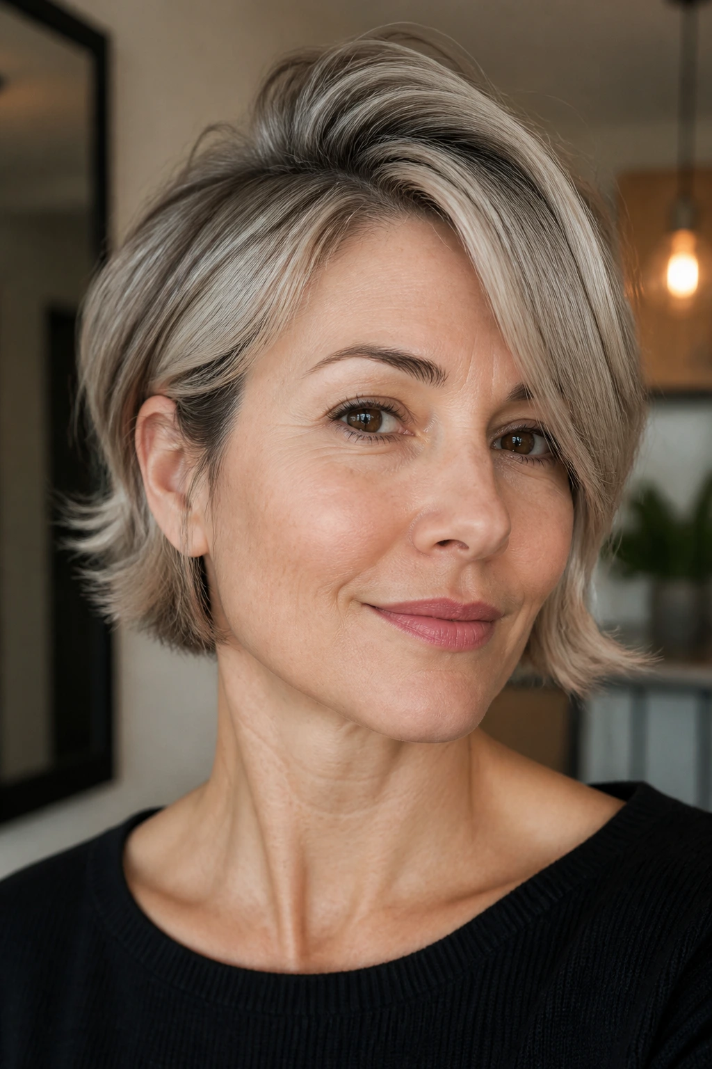 Portrait of a real person with short ash hair and a side-swept bang