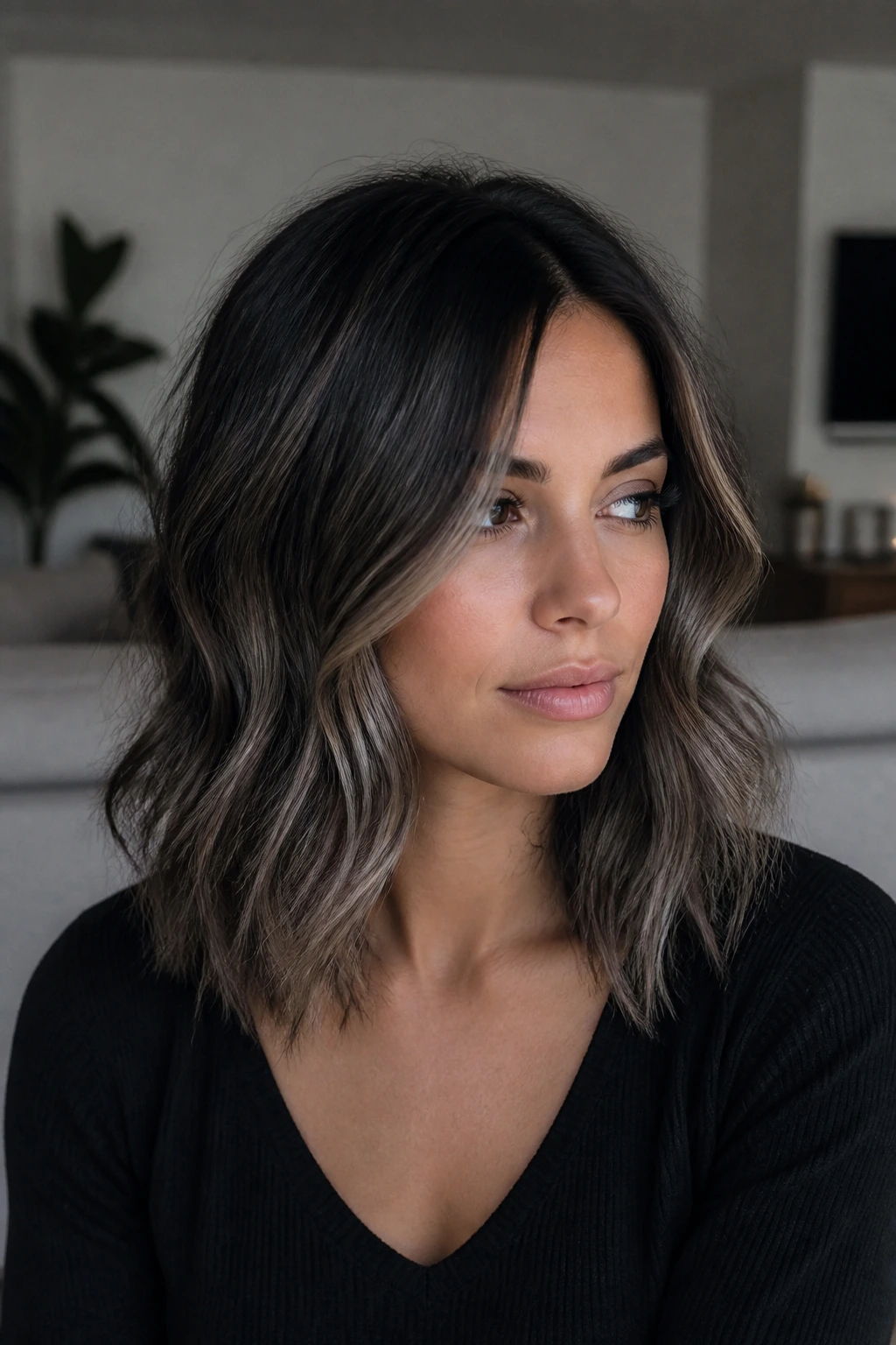 Shoulder-length dark hair with cool smoky ash highlights in soft waves on a real woman