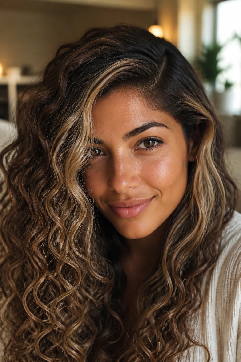 Close-up portrait of a real woman with a deep side part and ash highlights along the face frame
