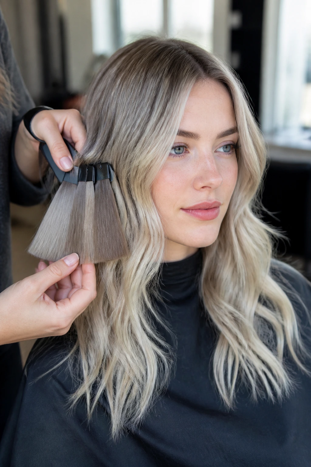 Real client in a salon chair being shown ash ash level swatches by a stylist