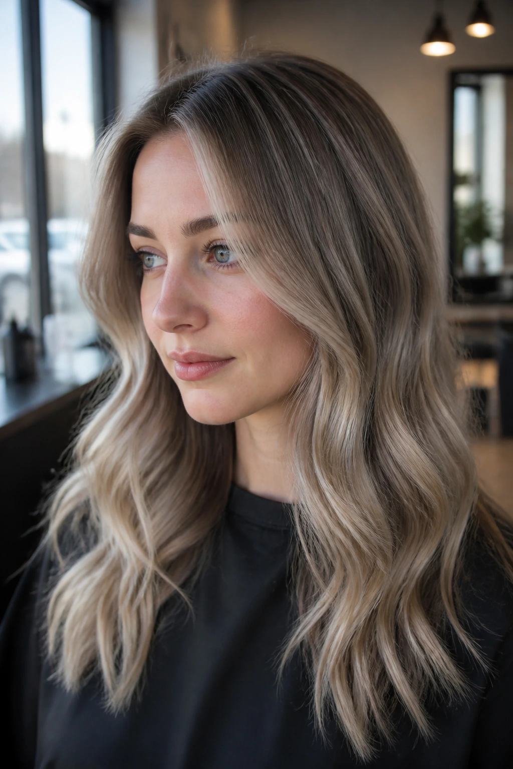 Portrait of hair showing ash level and tone choices on a real person