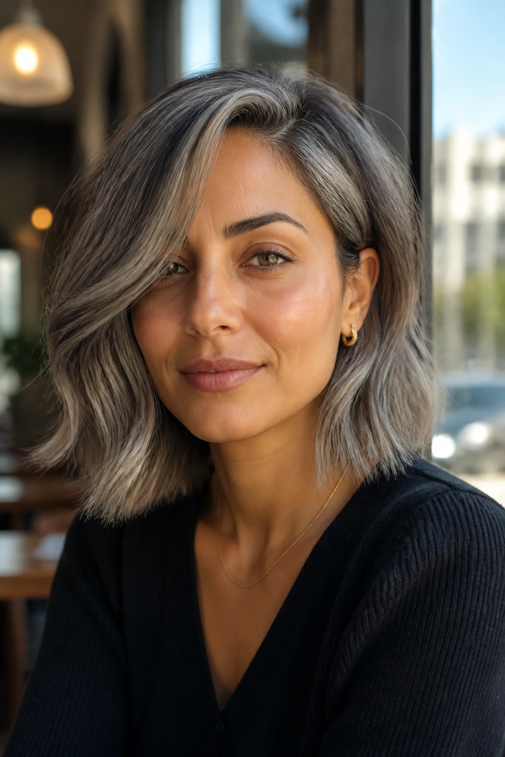 Portrait of a woman with metallic ash lob and side-swept fringe