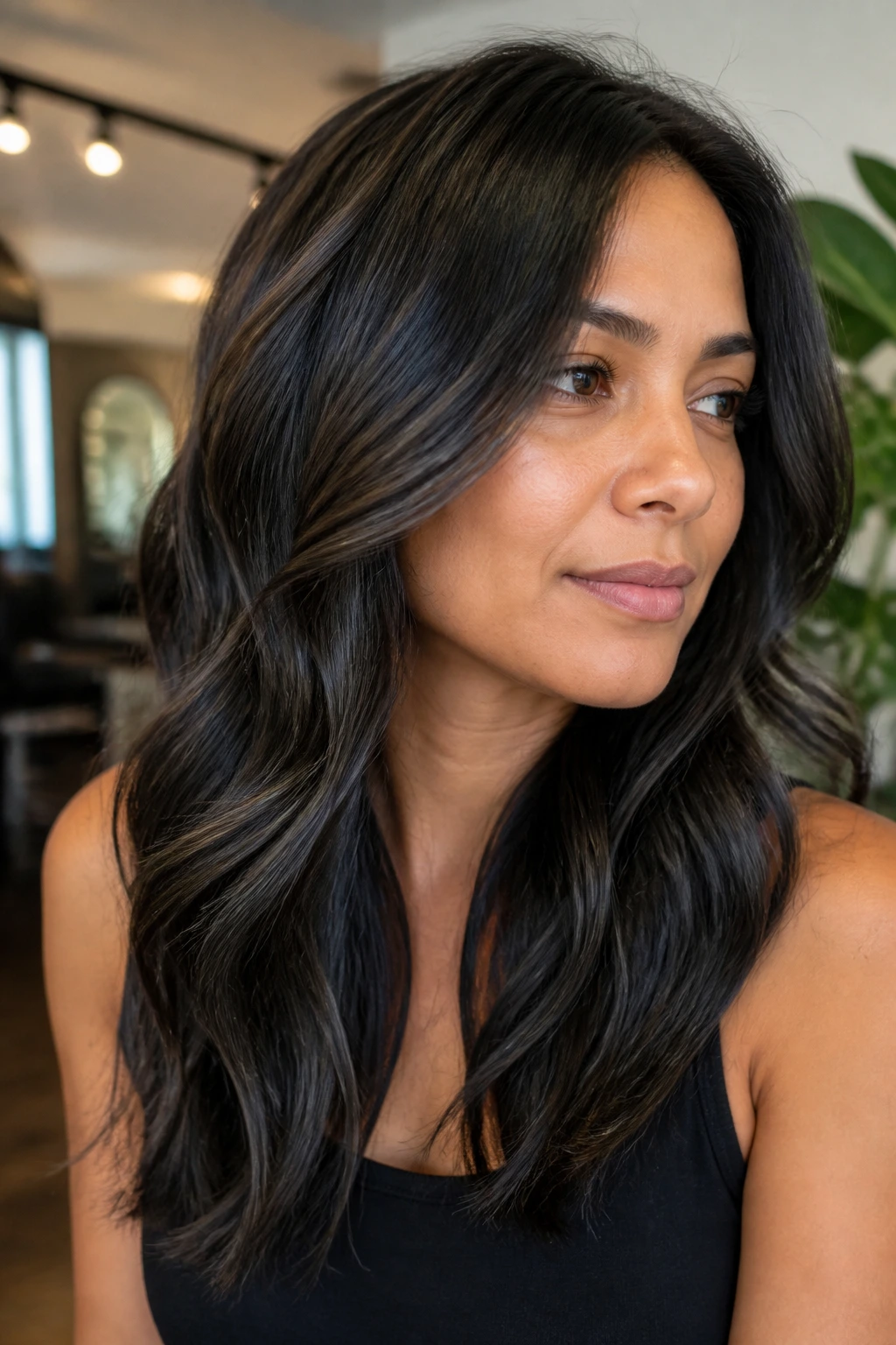 Close-up of ash black lowlights creating depth in hair on a real person