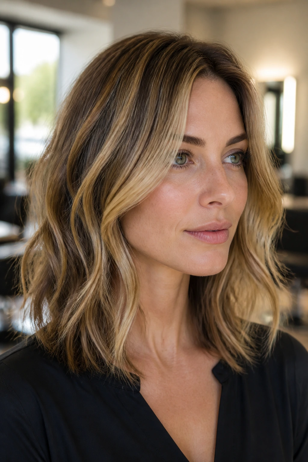 Close-up of a real woman with shoulder-length hair featuring honey highlights and ash lowlights for cool skin tones.