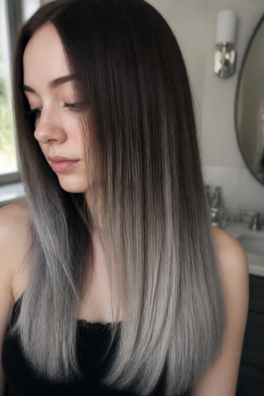 Close-up of ash-mist dip-dye at the ends of straight hair