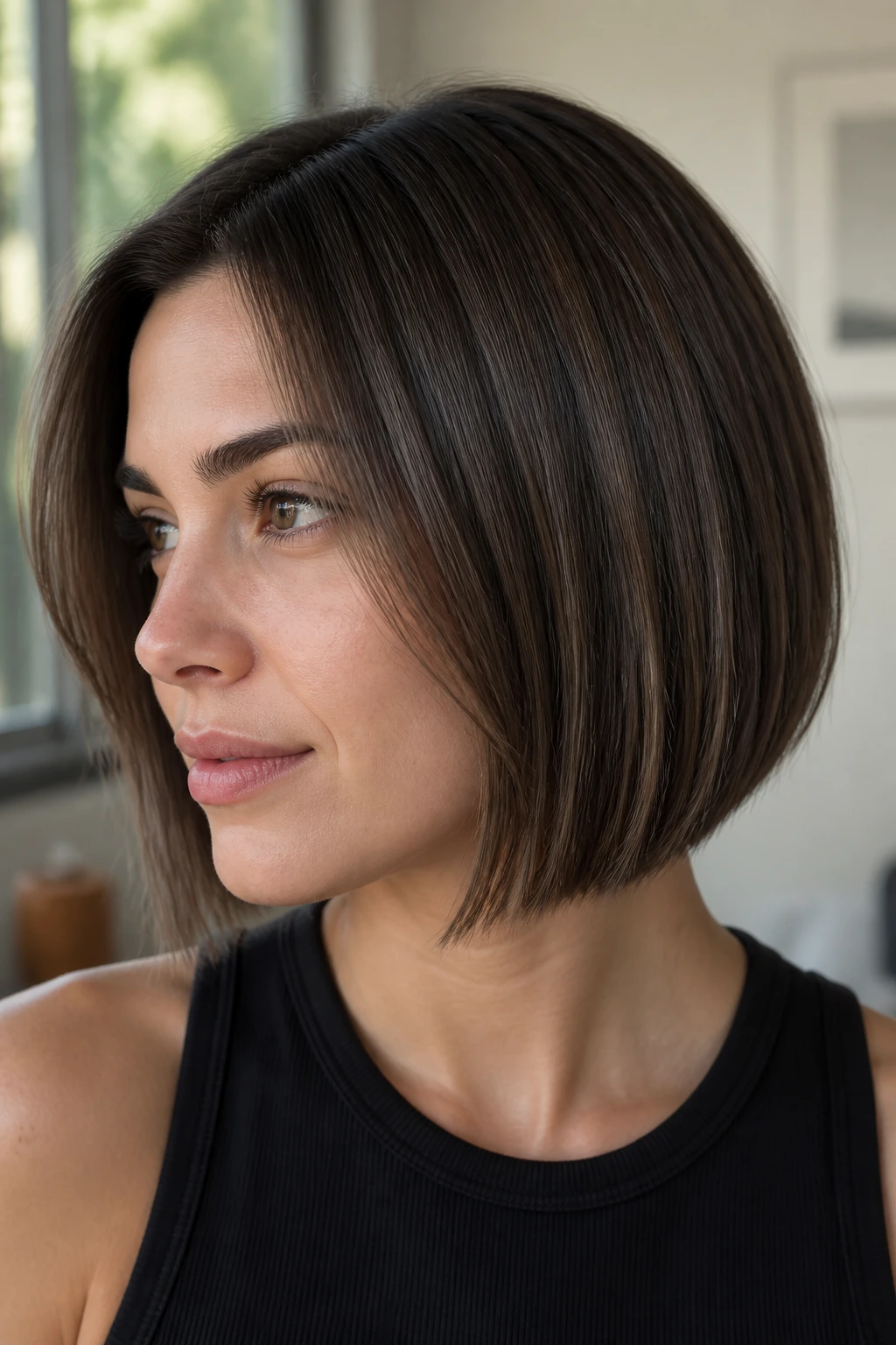Portrait of a woman with ash mocha babylights in a brunette bob.