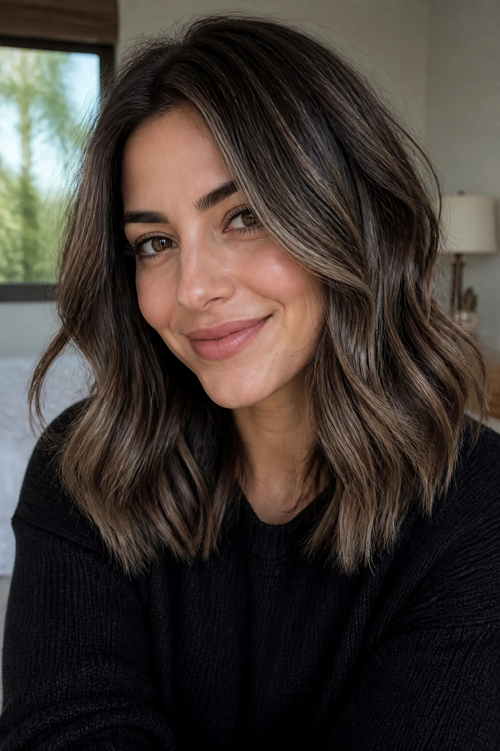 Close-up hair with ash mocha balayage showing movement