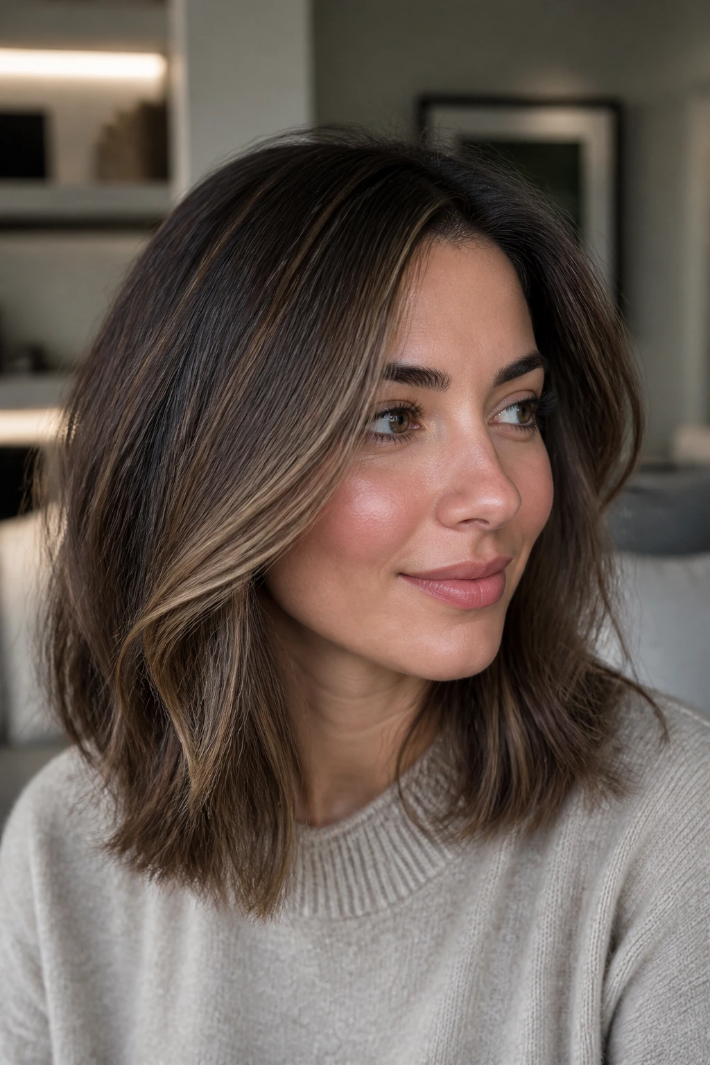 Close-up of ash mocha hair with a bronze veil on a real person.
