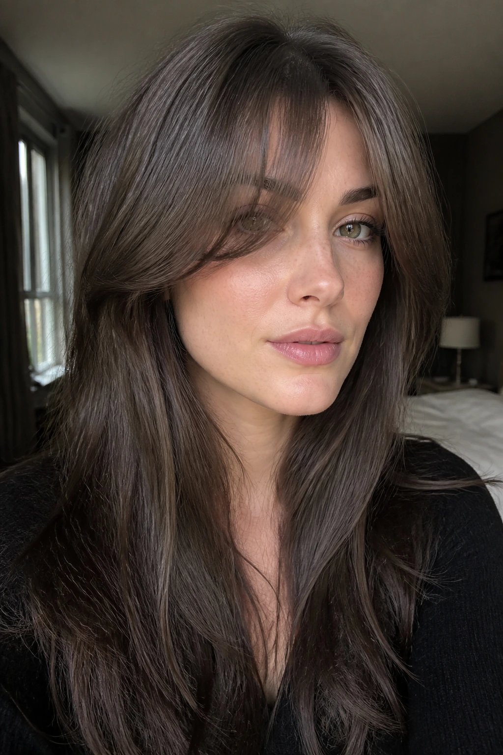 Real woman with ash mocha curtain bangs