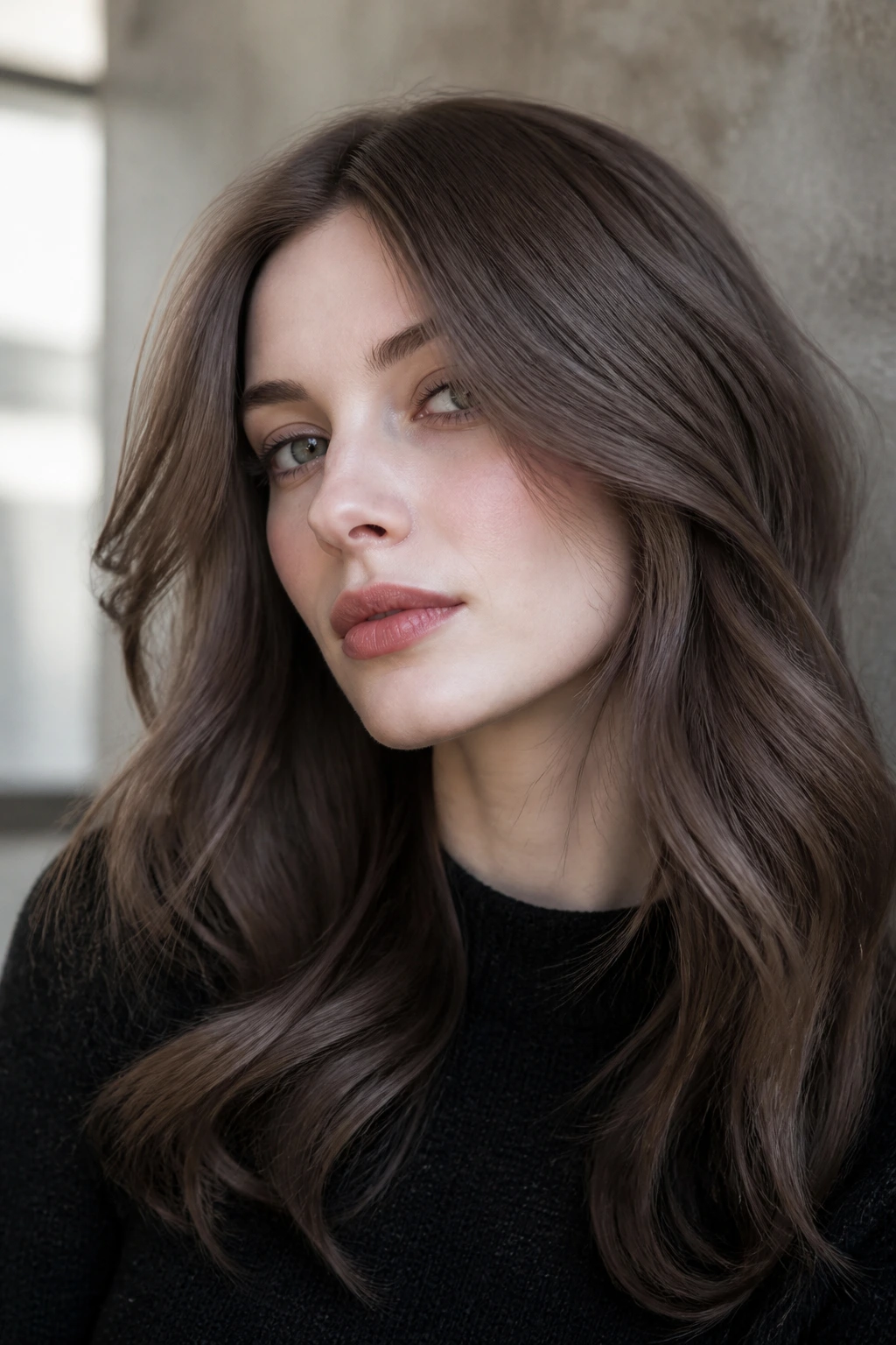 Ash mocha hair close-up on pale skin