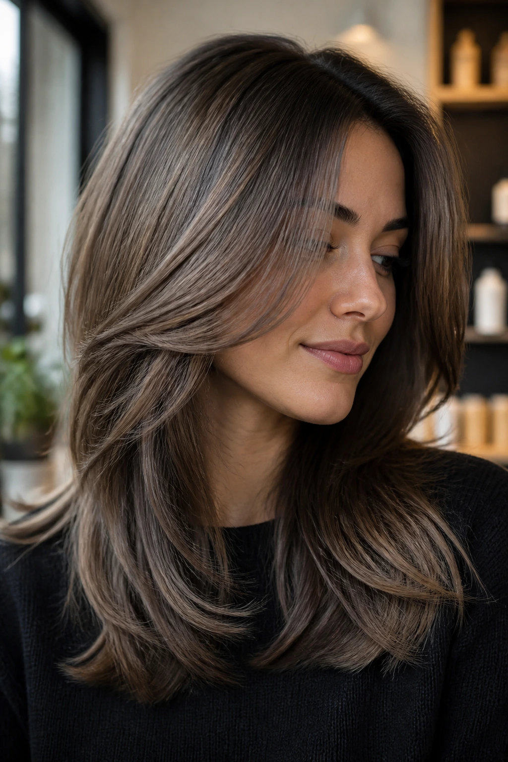 Ash mocha brunette with smoky lowlights for depth.