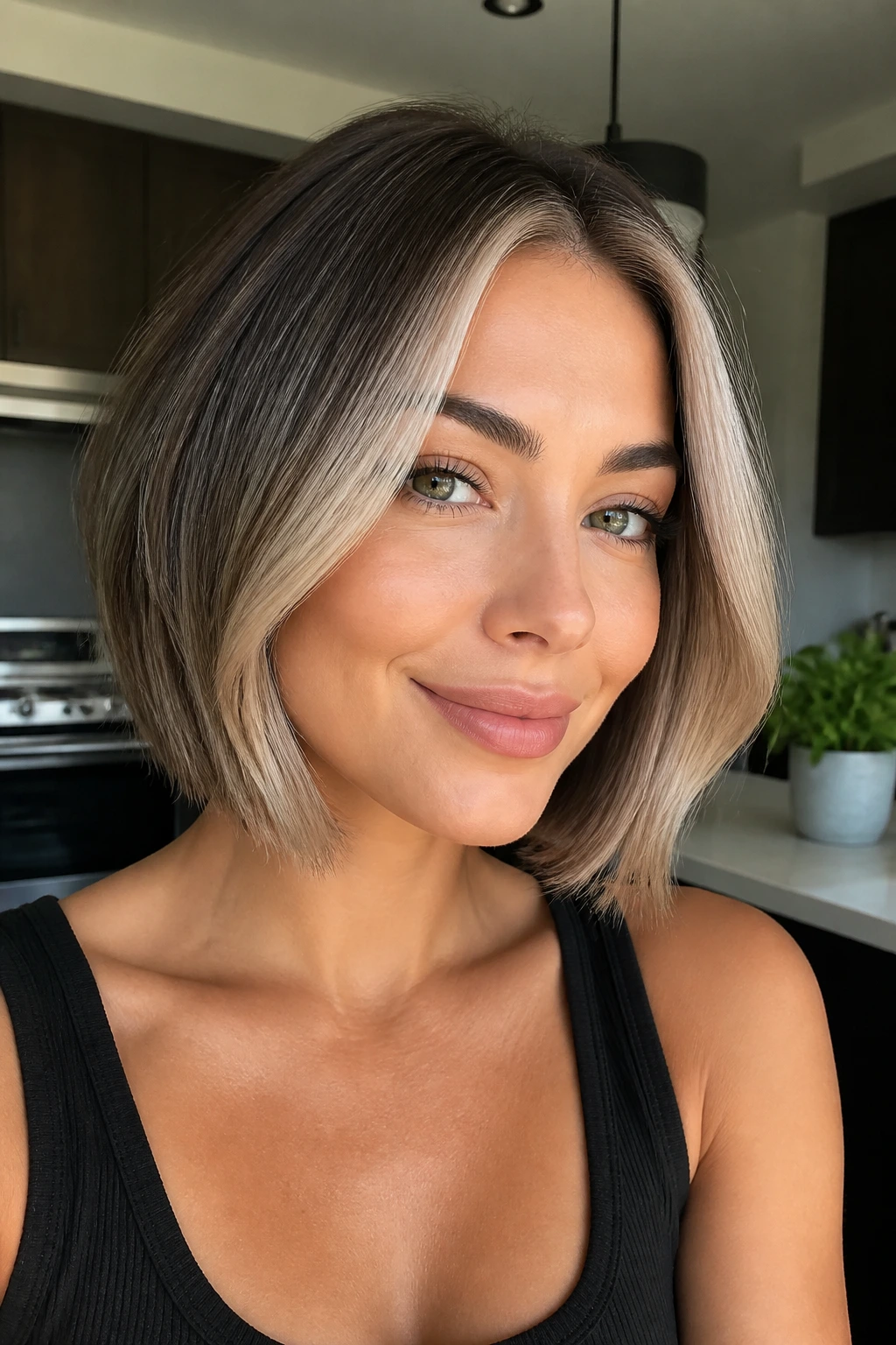 Close-up portrait of a real woman with ash money-piece bob hairstyle