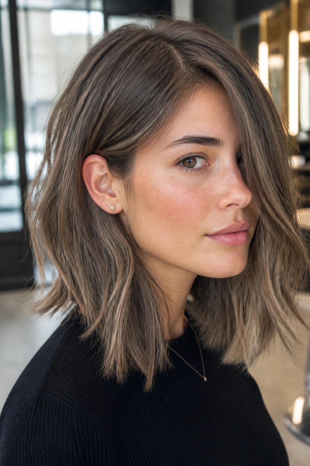 Close-up portrait of a real woman with ash mushroom brown lob and cool undertones