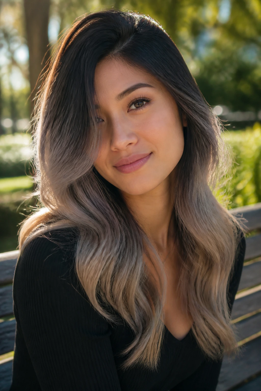 Close-up portrait of a real woman with ash ombre ends on dark roots