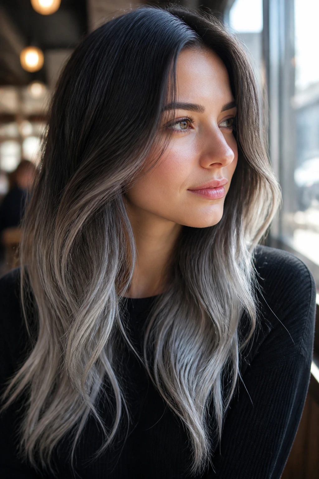 Close-up portrait of a real woman with dark ash roots fading into a silver veil on mid-length hair.