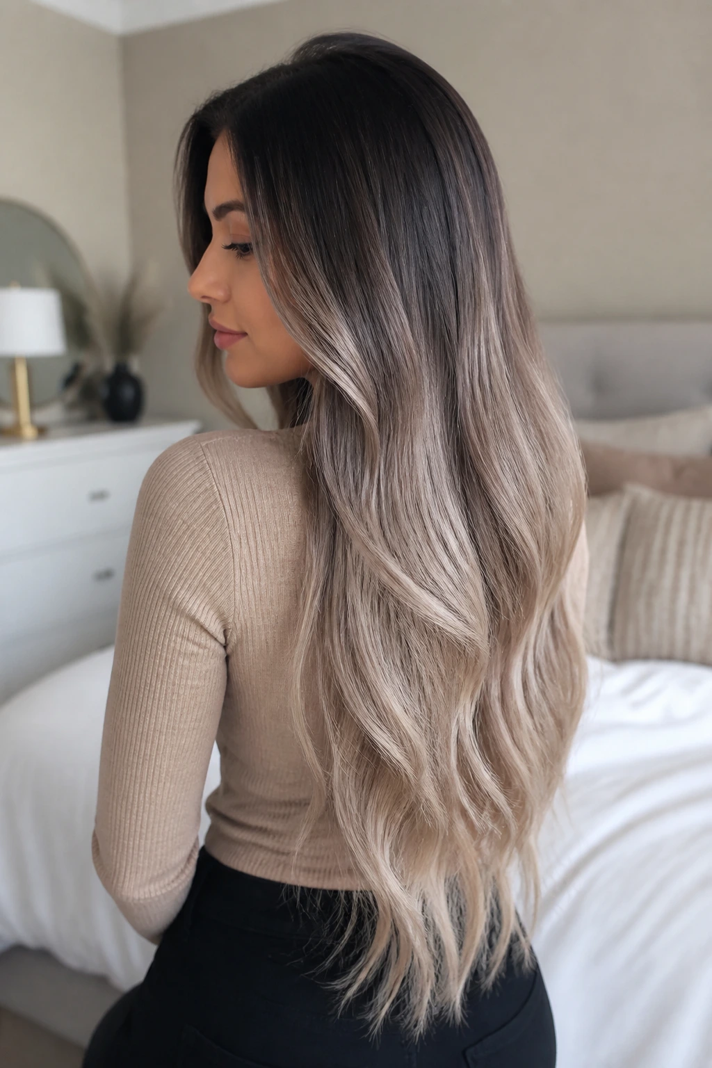 Three-quarter back portrait with creamy ash ombré waist-length hair
