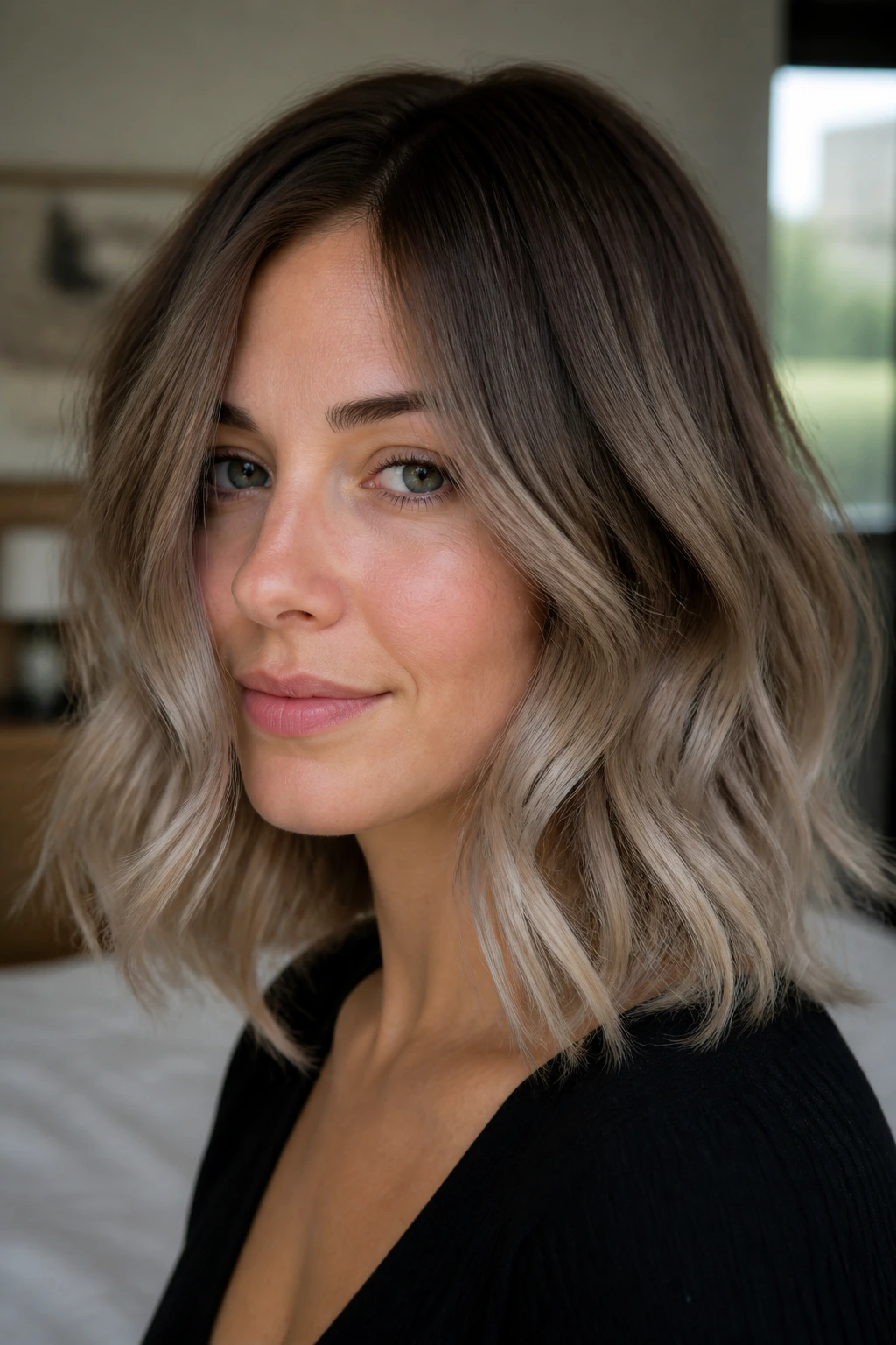 Close-up of a real woman with soft ash ombre on mid-length waves in cool tones