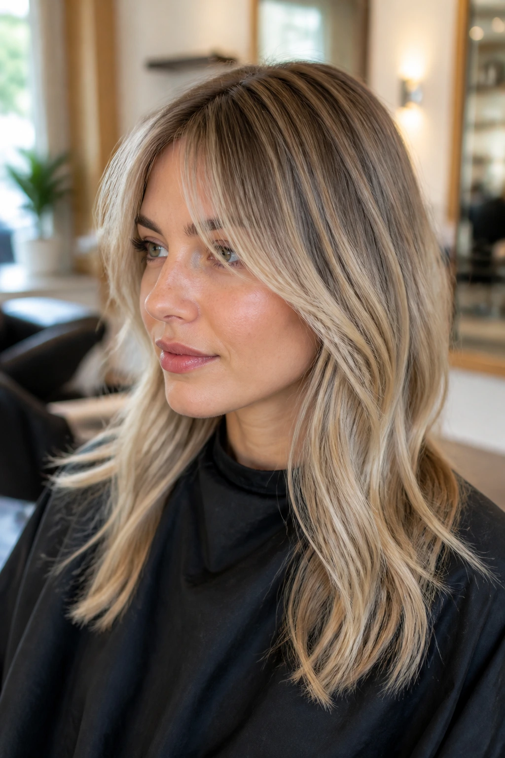 Portrait of a real person showing ash-pearl face frame and root shadow for foil highlights.