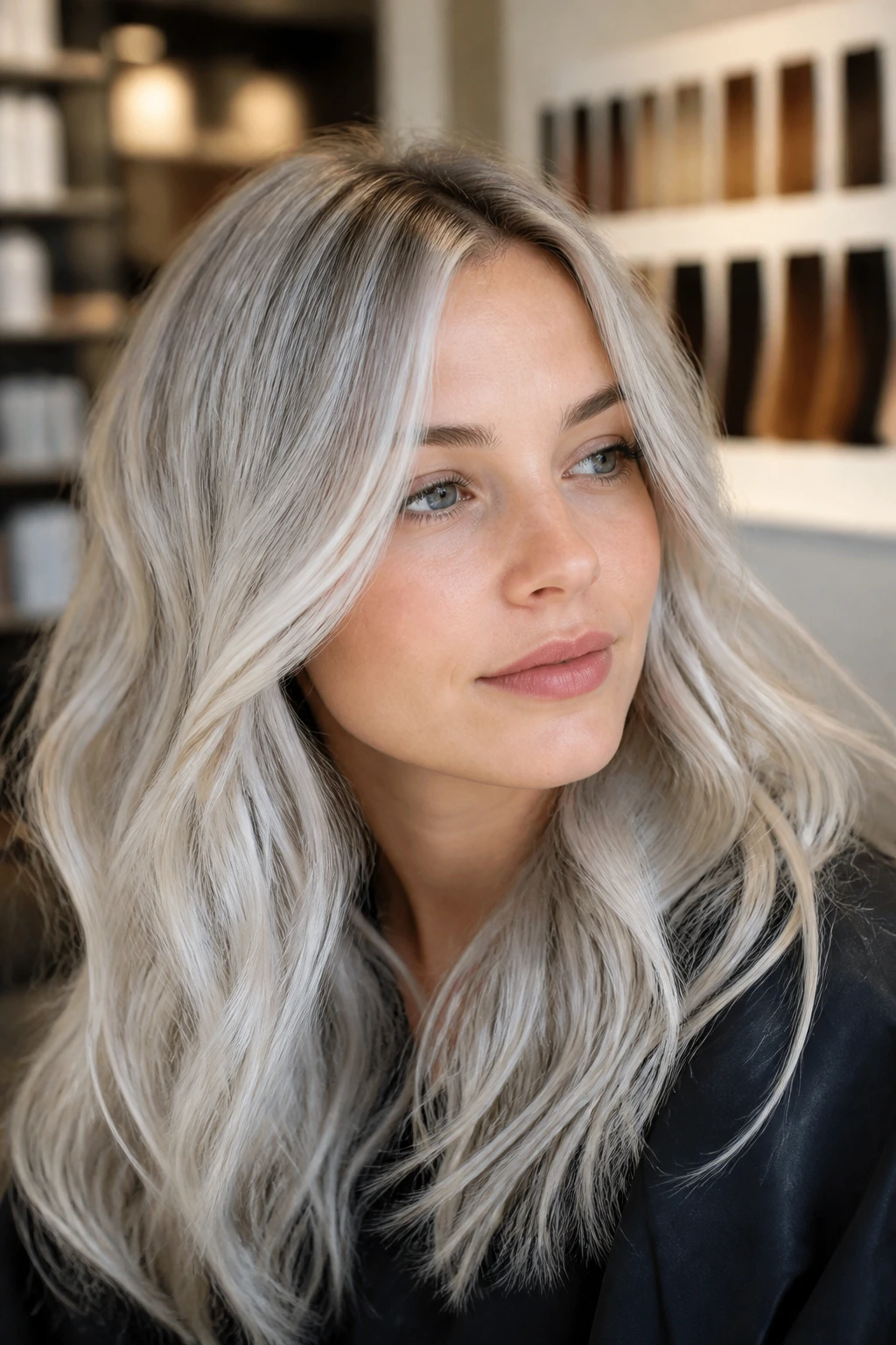 Portrait of woman with ash/silver blonde hair in salon with color swatches