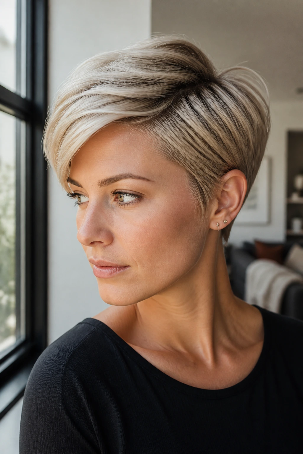 Portrait of a real woman with an ash blonde long-top pixie and side part