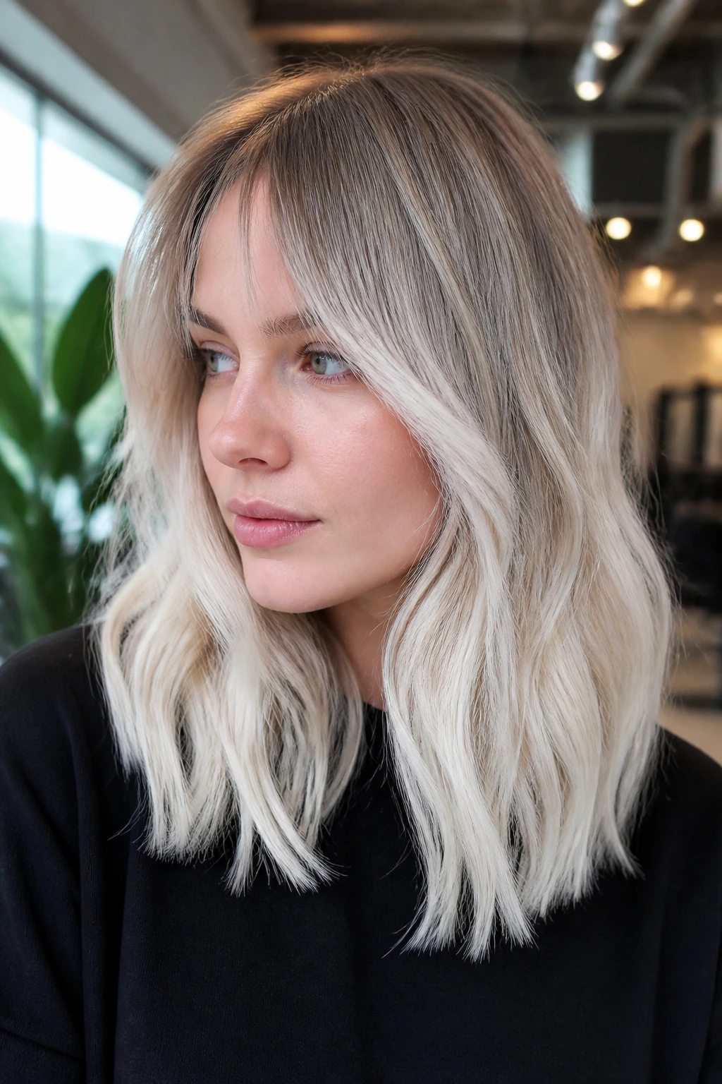 Close-up of a person with ash-to-platinum melt and split bangs in natural light