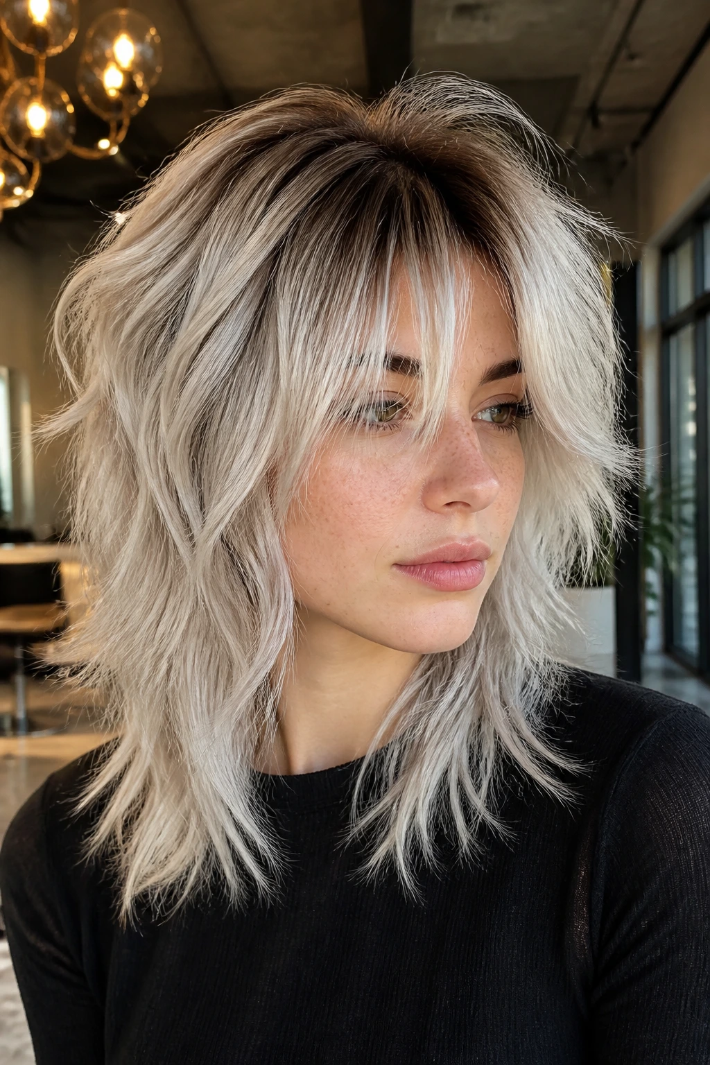 Close-up portrait of a real woman with ash-platinum wolf cut in a salon
